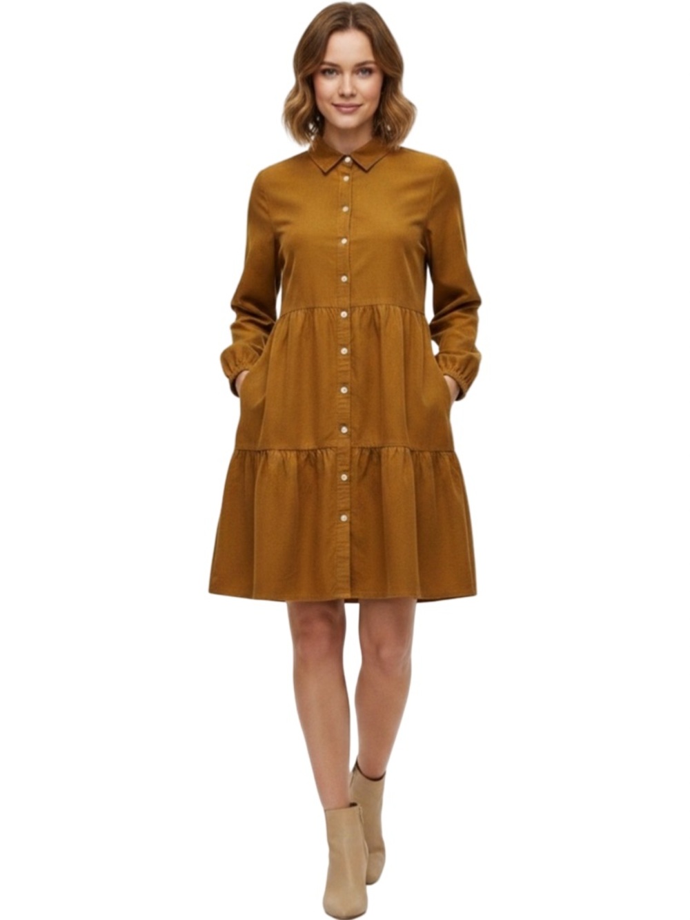 J. Crew Mustard Button-Front Tiered Shirt Dress